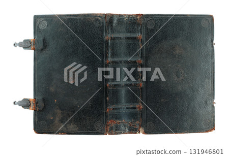Fully unfolded antique book cover with aged leather texture and vintage look, isolated on transparent background 131946801