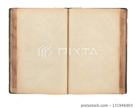 Open antique book showing blank aged pages, isolated on transparent background Open antique book showing blank aged pages, isolated on transparent background 131946803