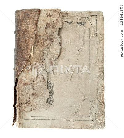 Antique book with damaged front cover, isolated on transparent background 131946809