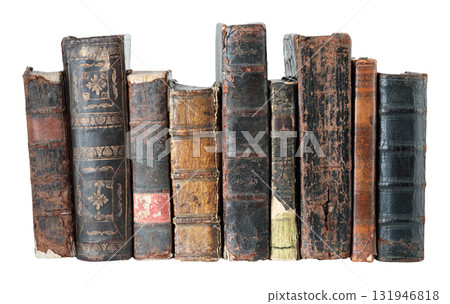 Collection of antique books standing in a row, isolated on transparent background Collection of antique books standing in a row, isolated on transparent background 131946818