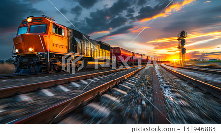 A freight train on a railway track transports containers and tanks with fuel. AI Generated 131946883