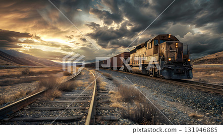 A freight train on a railway track transports containers and tanks with fuel. AI Generated 131946885