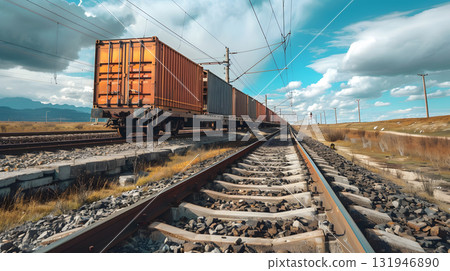 A freight train on a railway track transports containers and tanks with fuel. AI Generated 131946890
