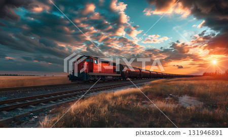 A freight train on a railway track transports containers and tanks with fuel. AI Generated 131946891