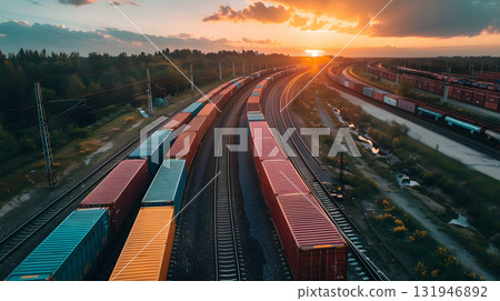 A freight train on a railway track transports containers and tanks with fuel. AI Generated A freight train on a railway track transports containers and tanks with fuel. AI Generated 131946892
