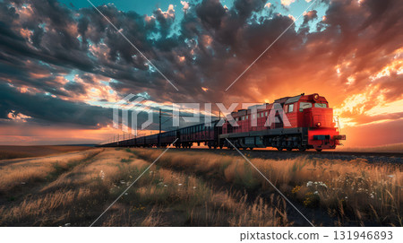 A freight train on a railway track transports containers and tanks with fuel. AI Generated A freight train on a railway track transports containers and tanks with fuel. AI Generated 131946893