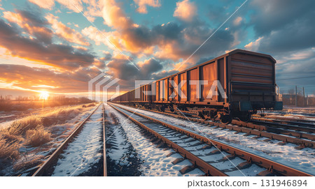 A freight train on a railway track transports containers and tanks with fuel. AI Generated 131946894