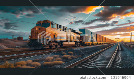 A freight train on a railway track transports containers and tanks with fuel. AI Generated A freight train on a railway track transports containers and tanks with fuel. AI Generated 131946904