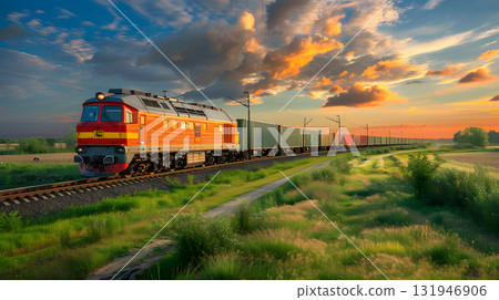 A freight train on a railway track transports containers and tanks with fuel. AI Generated A freight train on a railway track transports containers and tanks with fuel. AI Generated 131946906