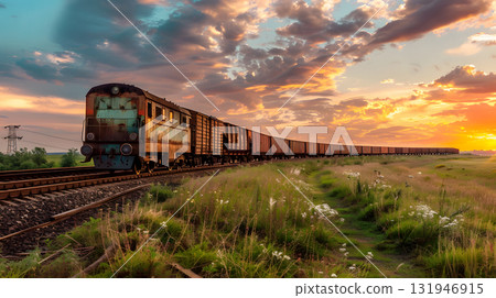 A freight train on a railway track transports containers and tanks with fuel. AI Generated 131946915