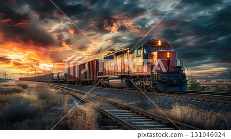 A freight train on a railway track transports containers and tanks with fuel. AI Generated 131946924