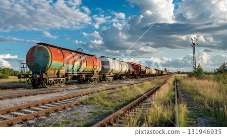 A freight train on a railway track transports containers and tanks with fuel. AI Generated 131946935