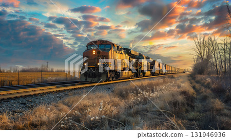 A freight train on a railway track transports containers and tanks with fuel. AI Generated 131946936