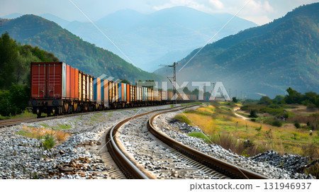 A freight train on a railway track transports containers and tanks with fuel. AI Generated 131946937