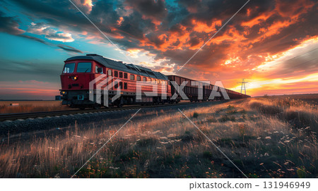 A freight train on a railway track transports containers and tanks with fuel. AI Generated 131946949