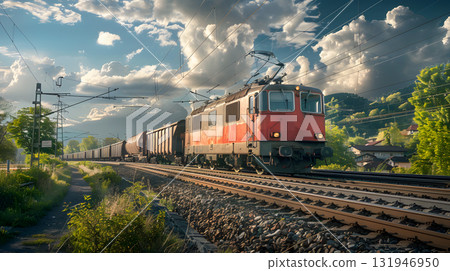 A freight train on a railway track transports containers and tanks with fuel. AI Generated 131946950