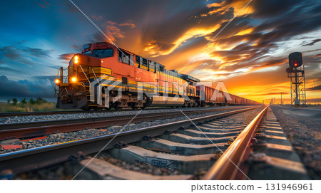 A freight train on a railway track transports containers and tanks with fuel. AI Generated 131946961
