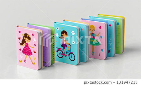 Colorful and whimsical girls' activity journals collection. Collection of expressive diaries for girls, with wonderful drawings on the covers. 131947213