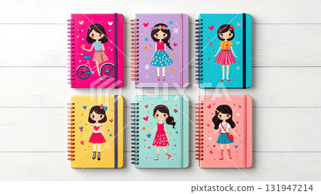 Colorful and whimsical girls' activity journals collection. Collection of expressive diaries for girls, with wonderful drawings on the covers. 131947214