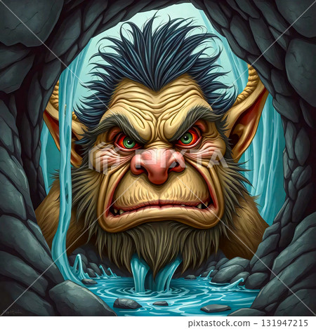Furious cave troll emerging from its lair. A menacing troll emerges from a cave. It has exaggerated facial features, including a large nose. 131947215
