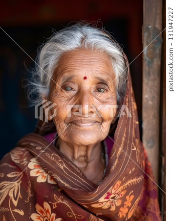 Indian elderly woman smiling wearing traditional sari Indian elderly woman smiling wearing traditional sari 131947227