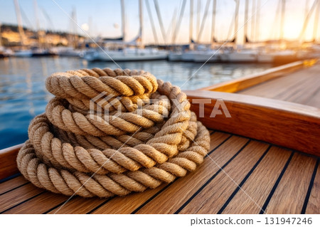 Coiled rope resting on wooden boat deck at golden hour 131947246
