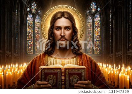 Jesus christ holding open bible in church with candles 131947269