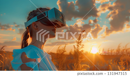 A woman wearing virtual glasses will wipe while controlling a program. AI Generated 131947315