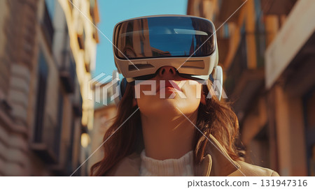 A woman wearing virtual glasses will wipe while controlling a program. AI Generated A woman wearing virtual glasses will wipe while controlling a program. AI Generated 131947316
