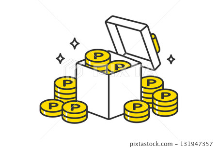 一堆積分硬幣和一個打開蓋子的禮物盒[向量插圖素材] 131947357