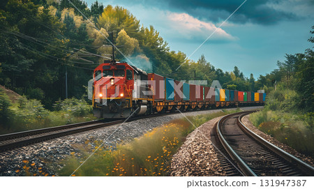 A freight train on a railway track transports containers and tanks with fuel. AI Generated 131947387