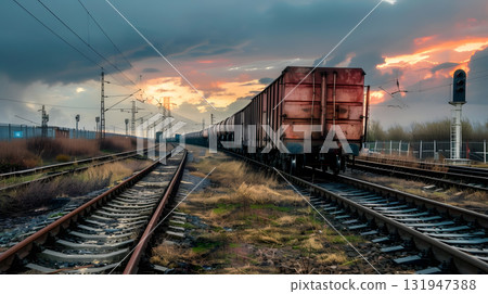 A freight train on a railway track transports containers and tanks with fuel. AI Generated 131947388