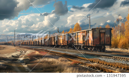 A freight train on a railway track transports containers and tanks with fuel. AI Generated 131947395