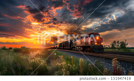 A freight train on a railway track transports containers and tanks with fuel. AI Generated 131947419