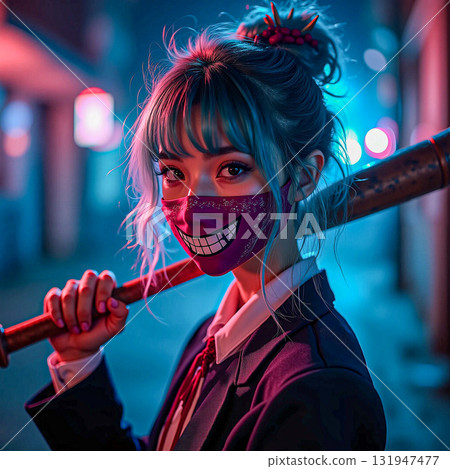 Anime girl with baseball bat and red mask in neon city. A stylized anime girl wearing a red mask with a painted-on smile and holding a bat. Anime girl with baseball bat and red mask in neon city. A stylized anime girl wearing a red mask with a painted-on smile and holding a bat. 131947477