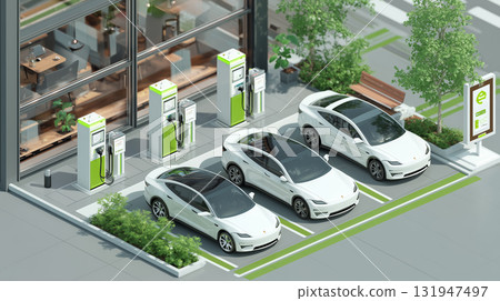 "Generative AI" - a futuristic EV charging station with rows of electric cars "Generative AI" - a futuristic EV charging station with rows of electric cars 131947497