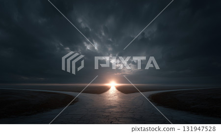 "Generative AI" symbolizes a crossroads and hope in life, as a forked road where light shines through the darkness "Generative AI" symbolizes a crossroads and hope in life, as a forked road where light shines through the darkness 131947528