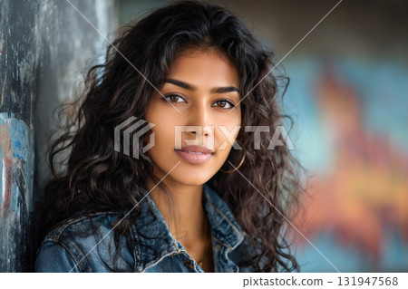 Young woman with natural curly hair standing in urban setting 131947568