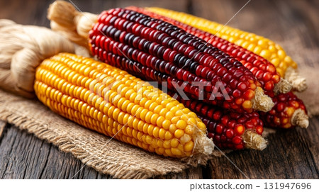 Colorful indian corn cobs displaying autumn harvest concept Colorful indian corn cobs displaying autumn harvest concept 131947696