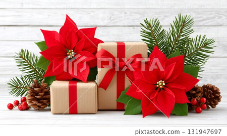 Christmas festive arrangement with gifts and poinsettias on wood Christmas festive arrangement with gifts and poinsettias on wood 131947697