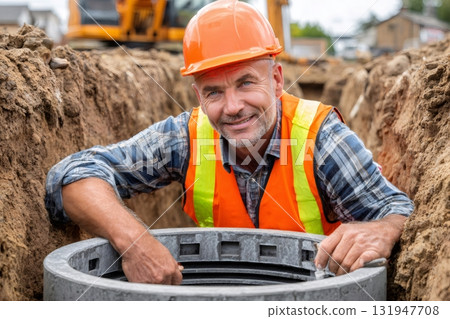 Smiling construction worker installing manhole in trench Smiling construction worker installing manhole in trench 131947708