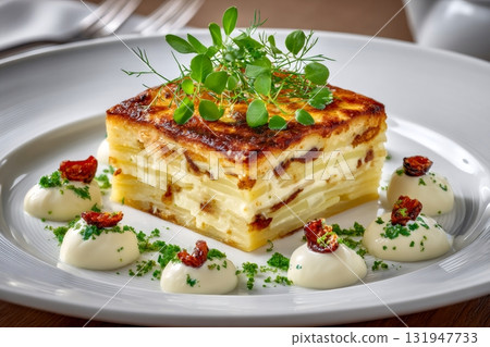 Potato gratin dauphinoise plated with sauce and herbs Potato gratin dauphinoise plated with sauce and herbs 131947733