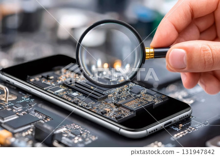 Technician examining mobile phone circuit board with magnifying glass 131947842