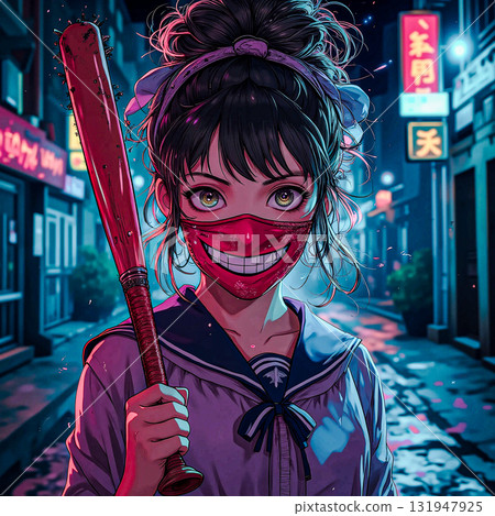 Anime girl with baseball bat and red mask in neon city. A stylized anime girl wearing a red mask with a painted-on smile and holding a bat. 131947925