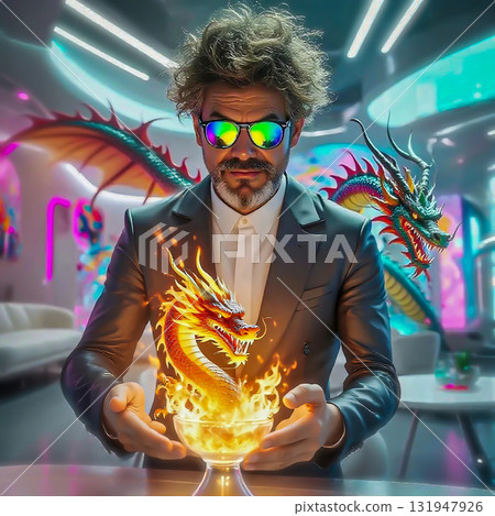 Mystical man conjuring fire dragon with futuristic vibes. A man with wild hair is wearing a sleek suit and reflective sunglasses, standing in a futuristic, neon-lit room. 131947926