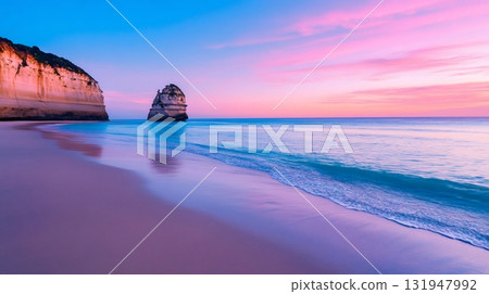 Australian beach landscape with sea stack at sunset 131947992