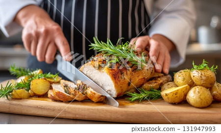 Chef slicing roasted turkey breast with rosemary and potatoes on cutting board 131947993