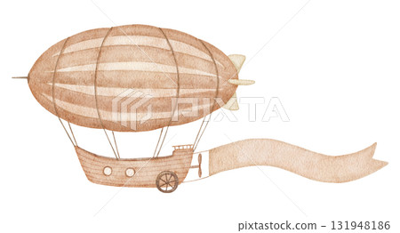 Zeppelin with banner. Watercolor isolated illustration with empty space for text, neutral colors 131948186