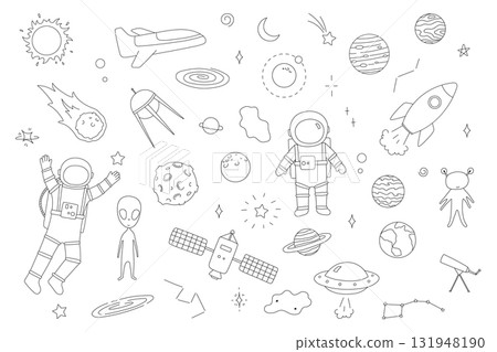 Space line art, planets, rocket, astronaut and stars. Alien sketch, space doodle hand drawn illustrations, ufo childish set 131948190
