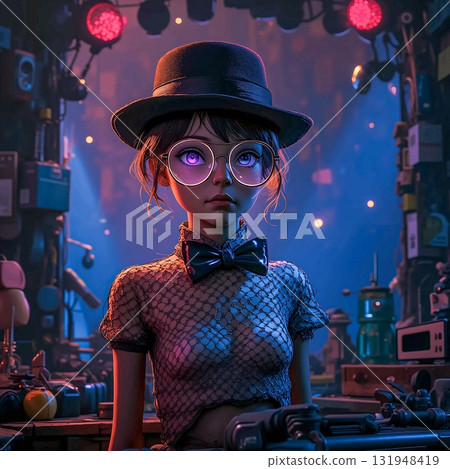 Futuristic tinkerer in a neon-lit lab. Young female character in a neon-lit workshop.  131948419